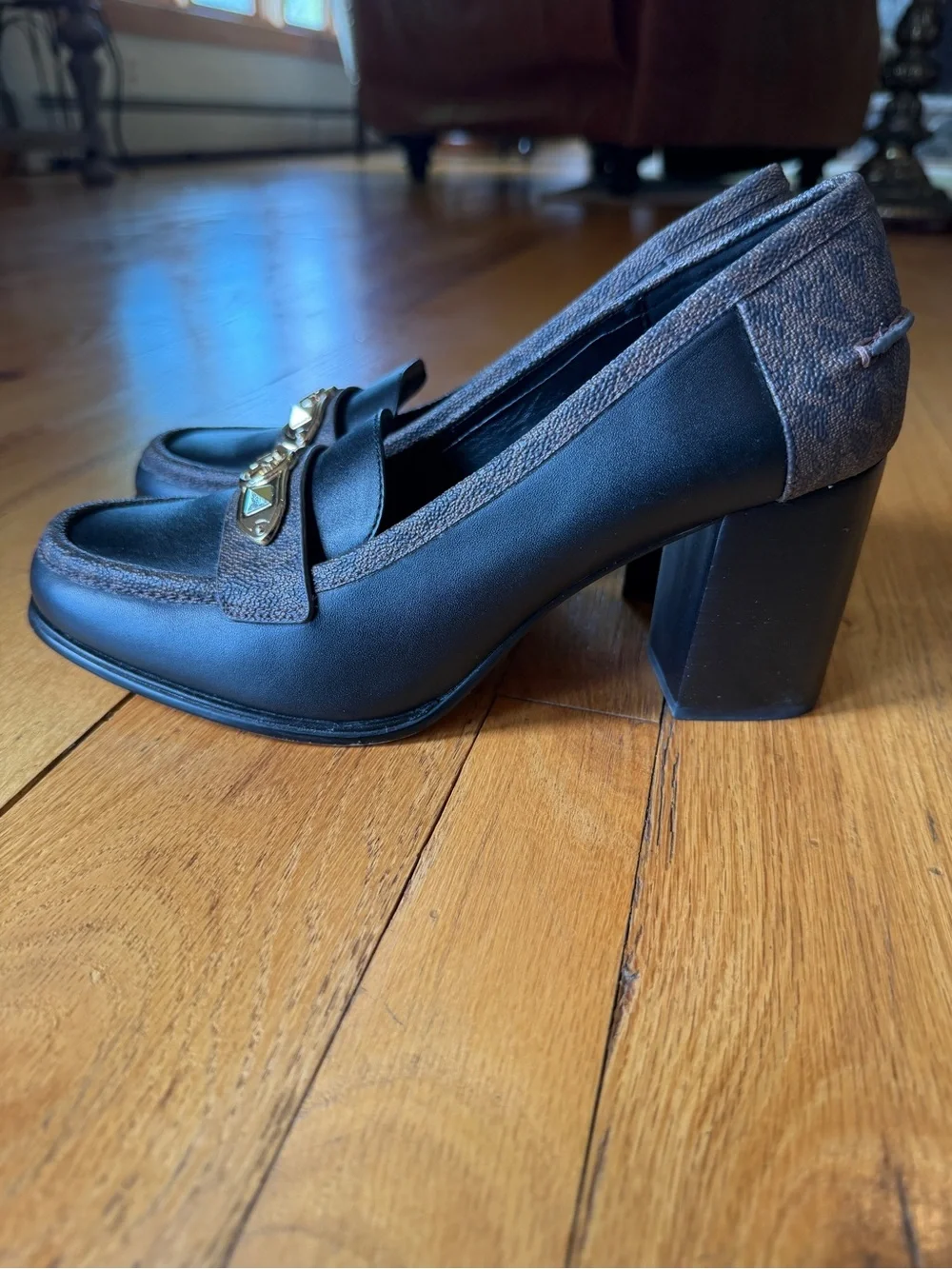 Michael Kors Brown and Black Logo Plaque Loafers